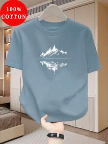Camiseta de Hombre% Algodón con Estampado de Paisaje, Diseño Casual de Cuello Redondo para Ropa Urbana de Verano - Negro - Ver 7