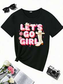 Camiseta de manga corta para mujer "Let's Go" - Top casual con cuello redondo y estampado de letras "Let's Go", ropa y conjuntos casuales, lavable a máquina, marca cómoda - Negro - Ver 1