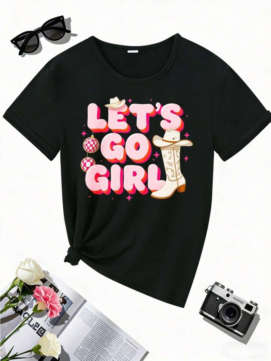 Camiseta de manga corta para mujer "Let's Go" - Top casual con cuello redondo y estampado de letras "Let's Go", ropa y conjuntos casuales, lavable a máquina, marca cómoda - Negro - Ver 1