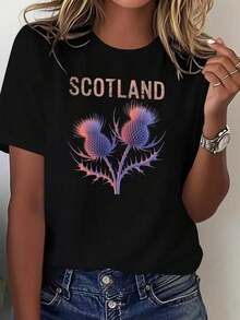 Women's 100% Cotton T-Shirt - Short Sleeves, Printed With A Thistle Floral Motif In Gradient Blue-Pink Tones In A Retro Y2K Style WGJR - 黑色 - 查看 1