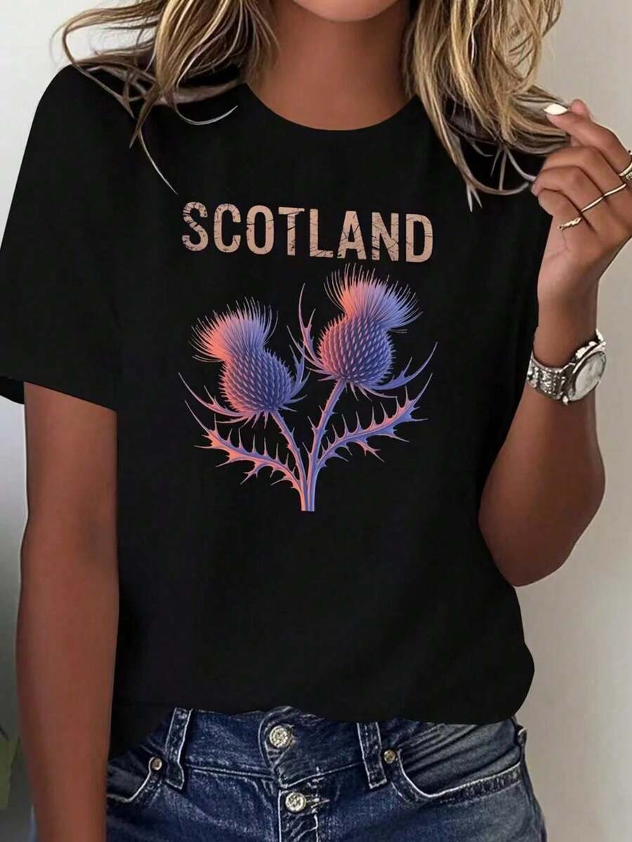 Women's 100% Cotton T-Shirt - Short Sleeves, Printed With A Thistle Floral Motif In Gradient Blue-Pink Tones In A Retro Y2K Style WGJR - 黑色 - 查看 1