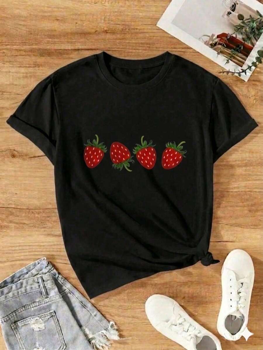 Short-Sleeved Crew Neck T-Shirt With Superstar Print - 純黑色 - 查看 1