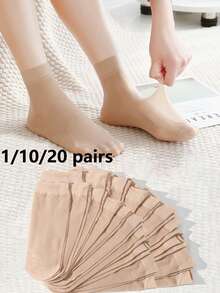 1/10/20 Pairs Solid Color Mid-Calf Socks, Minimalist & Practical Women's Short Stockings Black Flesh Colored Crystal Women's Summer Steel Stockings - Multicolor - View 1