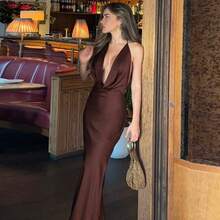 New Halter Evening Dress Deep V Neck Lace-Up - 棕色 - 查看 9