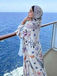 2pcs Set Hijab + Open Abaya, Dubai Islamic Muslim Modest Floral Print Cardigan Headscarf Hijab For Women's Daily Wear - Multicolor - View 2