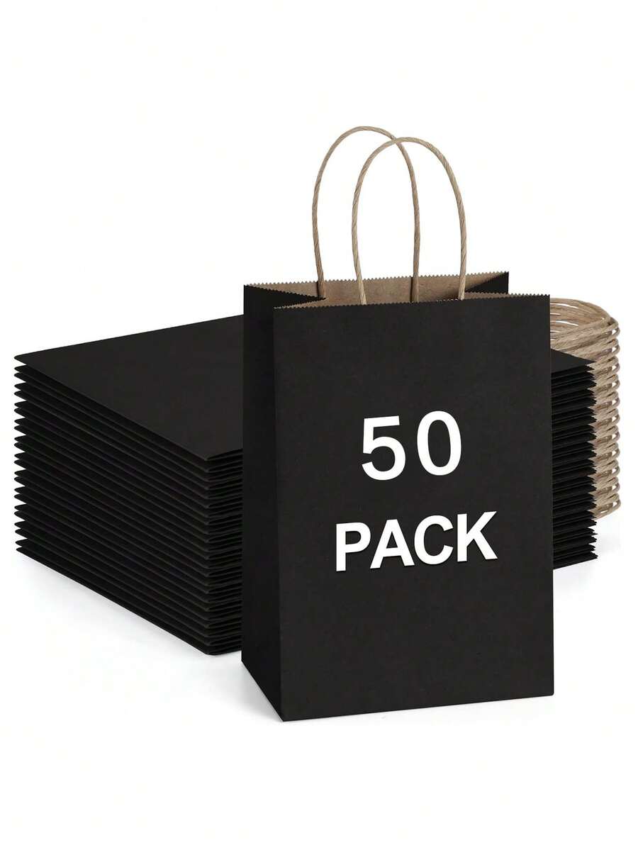 50入黑色禮品袋，迷你派對禮品袋，包裝袋，紙製手提袋，烘焙外帶奶茶包裝袋，適用於節日派對、生日派對、婚禮-5/10/25/50入