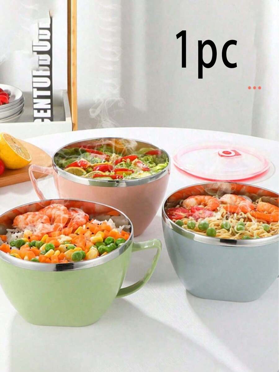 Tazón de fideos de acero inoxidable con asa: Apto para arroz, sopa y fideos instantáneos - Viene con tapa y asa - Resistente a la oxidación. - Multicolor - Ver 1