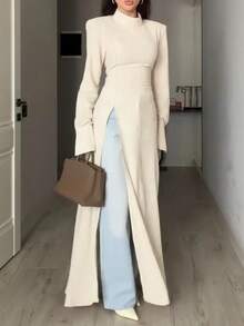 Women's Elegant Minimalist Stand Collar Long Sleeve High Slit Long Top Robe (With Shoulder Pads) Solid Color Back Tie High Slit To Thigh Long Top, Suitable For Daily Wear And Dating In Autumn/Winter - Apricot - View 7