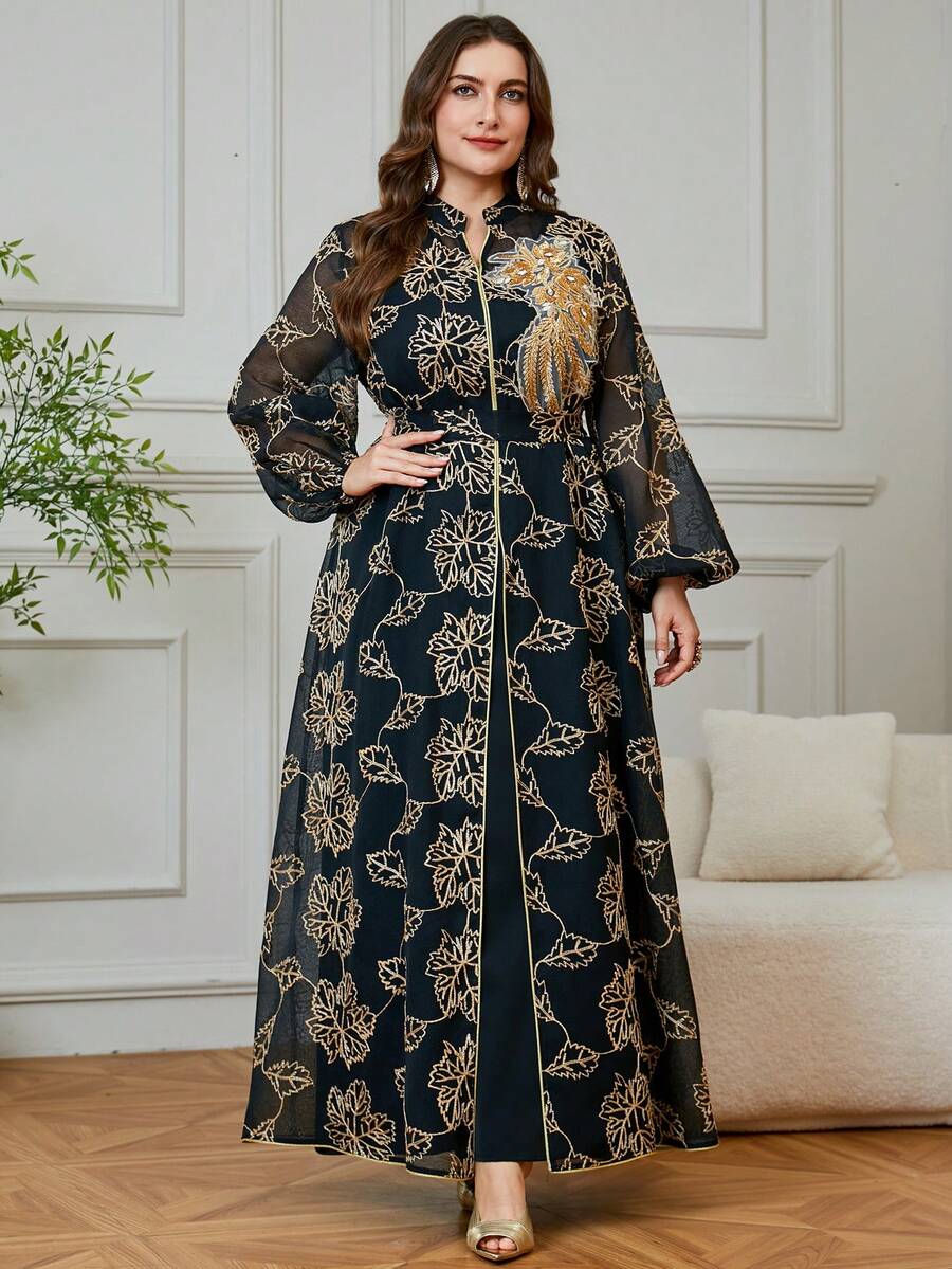 Women's Plus Size Beaded Applique 2 Pieces Long Abaya Dress Black Fall - Black - View 1