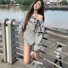 Camiseta Oversize Sexy Y2K para Mujer, Estilo Urbano, Estampada, Manga Larga, Hombros Descubiertos, Top de Otoño, Moda Coreana - Camisas blancas - Ver 3