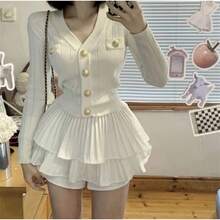 Conjunto de Falda Tejida Chic para Mujer, Falda Abullonada de Media Longitud, Moda Primavera-Verano, Conjunto de Dos Piezas, ... - Traje blanco (falda + top) - Ver 1
