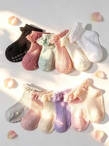 1/6/12 Pairs Baby/Toddler Solid Color Socks, Cute Anti-Slip Lace Trim Ruffle Socks, Soft & Comfortable, Suitable For Newborns/0-2 Years Old, Thin For Spring/Summer, Random Color Delivery, Great For New Year Gifts, Back To School, Kids Activities - Multicolor - View 1