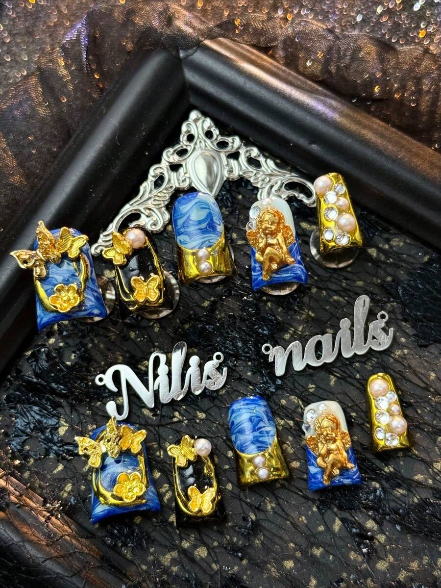 10片手工全包短鴨嘴式穿戴甲，藍色大理石金天使&蝴蝶飾品，Y2K風格，3D珍珠&水鑽裝飾，派對與日常穿戴奢華假指甲，附贈果凍膠與磨砂條美甲用品