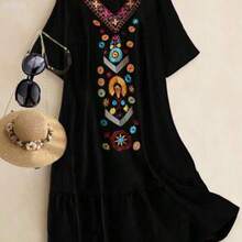 xuehuamaoyi02 Linhara Vestido casual de manga corta con bordado para mujer talla grande, adecuado para ocio y vacaciones - Negro01 - Ver 1