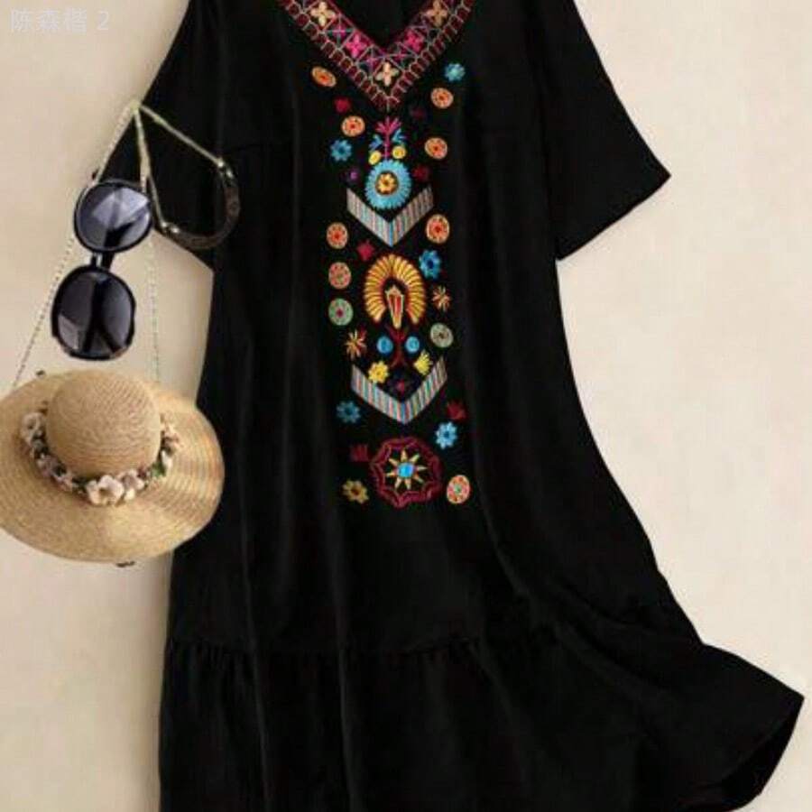 xuehuamaoyi02 Linhara Vestido casual de manga corta con bordado para mujer talla grande, adecuado para ocio y vacaciones - Negro01 - Ver 1
