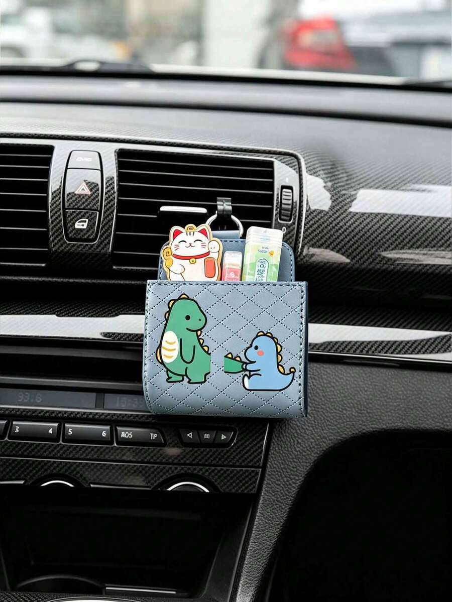 Haze Blue 2 piezas Caja de almacenamiento de ventilación de aire de coche con diseño de dinosaurio de dibujos animados, Caja organizadora de almacenamiento de coche, Caja de almacenamiento colgante para teléfono de coche - Dos dinosaurios de dibujos animados - Ver 1
