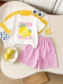 2pcs/Set Girls Lemon Print Outfit, Includes Striped Shorts And Top, Casual Summer Set - White - View 1