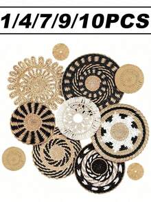 1/4/7/9/10Pcs Bohemian Wall Hanging Basket Decor, Cattail Woven Baskets Wall Decor, Boho Wall Decor, Round Farmhouse Wall Baskets For Rustic Home Kitchen Decor, Multiple Sizes - Multicolor - View 1