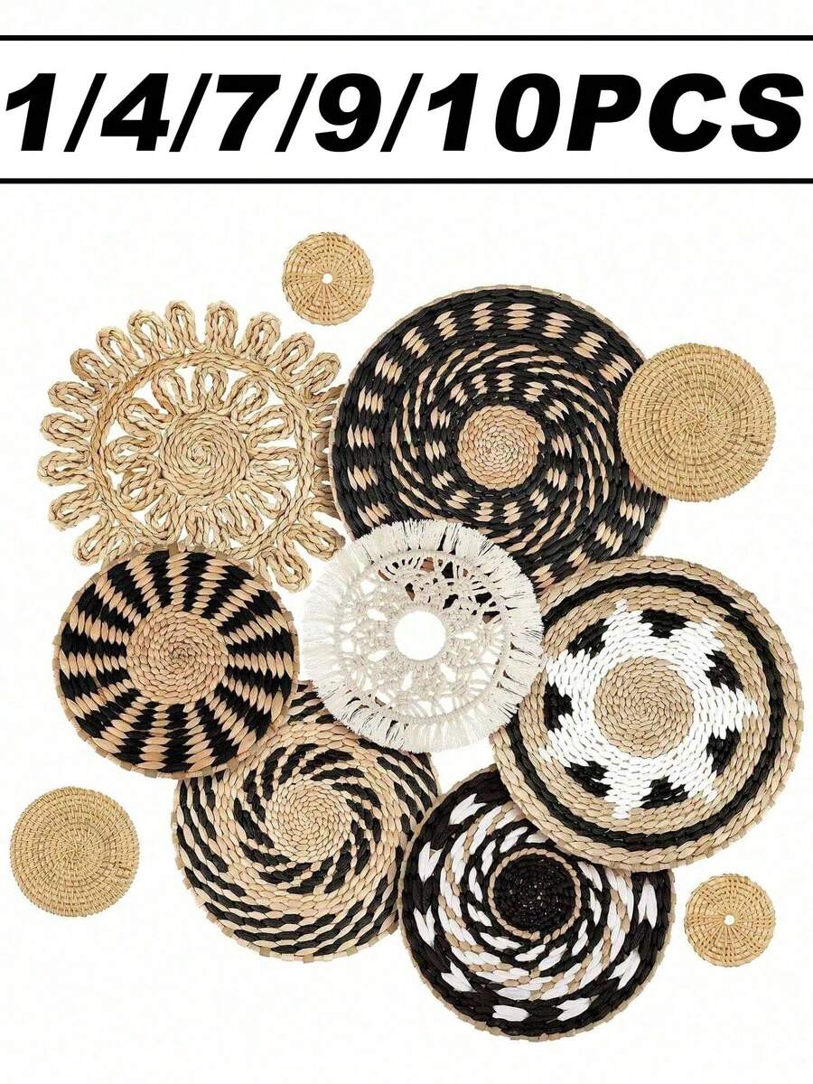 1/4/7/9/10Pcs Bohemian Wall Hanging Basket Decor, Cattail Woven Baskets Wall Decor, Boho Wall Decor, Round Farmhouse Wall Baskets For Rustic Home Kitchen Decor, Multiple Sizes - Multicolor - View 1