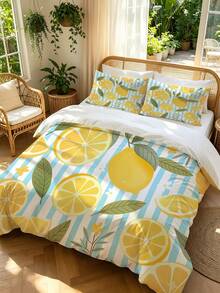3pcs Blue White Striped & Sweet Lemon Slice Print Duvet Cover Set (1*Duvet Cover + 2*Pillowcase, Without Core), Easy Care,Chic, Lightweight - Baby Blue - View 7