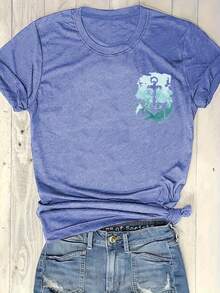 Sea Print Round Neck T-Shirt, Casual Vacation Women's Short Sleeve Top, Women's Clothing, Retro Loose-Fit T-Shirt - 白色 - 查看 10