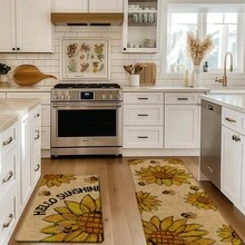 1 pieza, Decoración del hogar, Estampado de patrón de girasol, Alfombra de cocina de lino, Tapete de cocina, Tapete de piso, Tapete de baño, Tapete de puerta, Impresión 3D rectangular, Apto para sala de estar, dormitorio, pasillo, baño, lavandería - Alfombra de poliéster, Apto para decoración del hogar interior y exterior - Multicolor - Ver 3