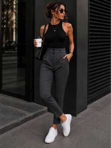 Women's Tailored Slim Fit High-Waisted Modern Twill Trousers - Grey - View 2