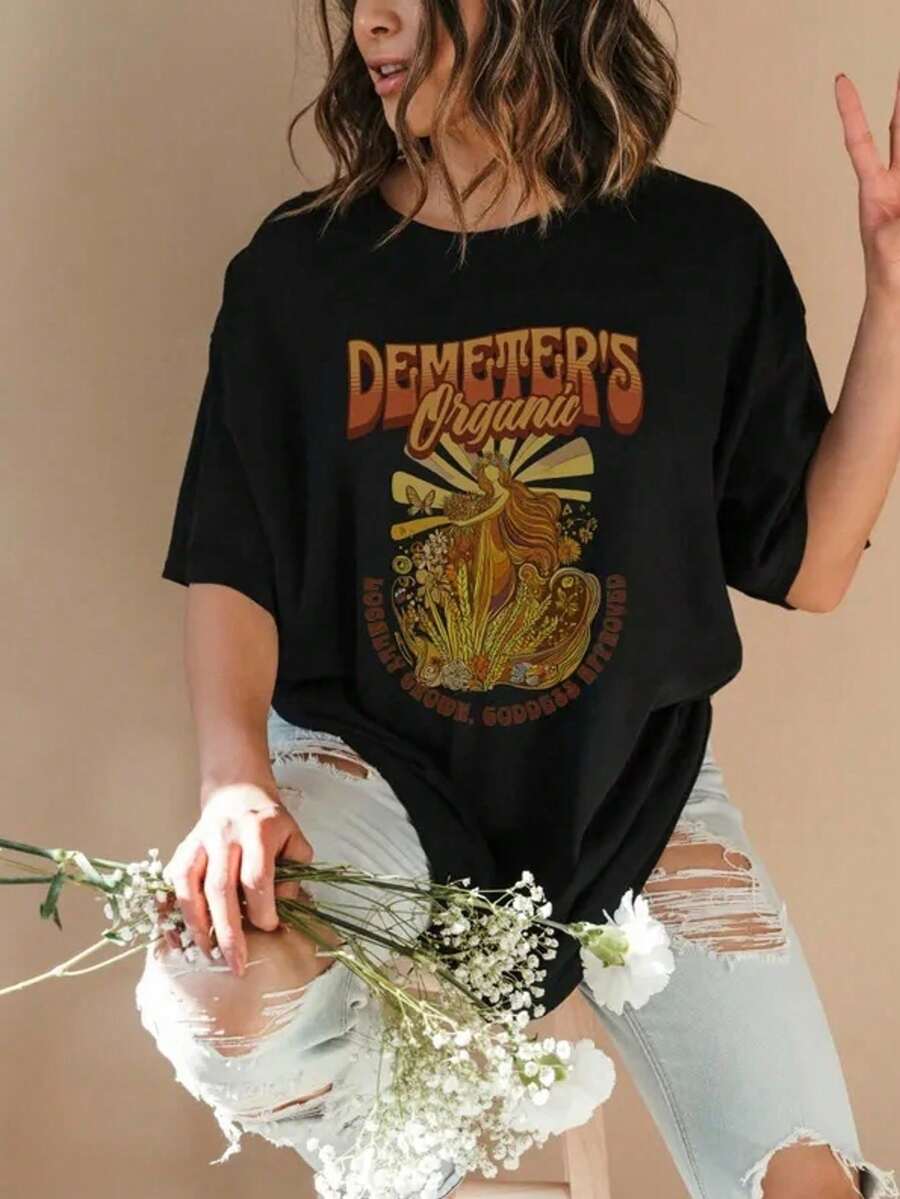 1 Retro Goddess T-Shirt, Greek Mythology T-Shirt, Mythology T-Shirt, Funny Black T-Shirt For Book Lovers, 180g 100% Cotton. - 黑色 - 查看 1