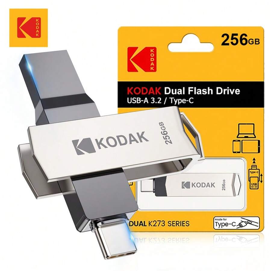 Kodak 2-In-1 Type-C USB3.2 OTG 64GB/128GB/256GB Dual-Use Metal USB Flash Drive, Compatible With IPhone 15/16/17, IPad Mini 6 2021, Macbook, Android Smartphones (With USB-C OTG Function)