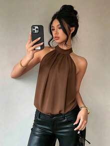 1 chiếc áo sơ mi nữ thanh lịch bằng vải dệt, phù hợp cho hẹn hò, kỳ nghỉ và mặc hàng ngày mùa hè - màu nâu - Xem 2