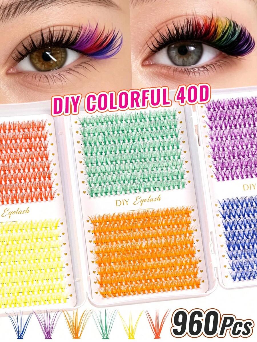 MEM 960-Piece 6-Color Rainbow Cluster False Eyelashes (D-Curl, 14mm) – High-Capacity Tri-Fold Box; Soft, Lightweight, And Beginner-Friendly. Suitable For Daily Wear, Parties, And Music Festivals; Great For Halloween And Christmas.