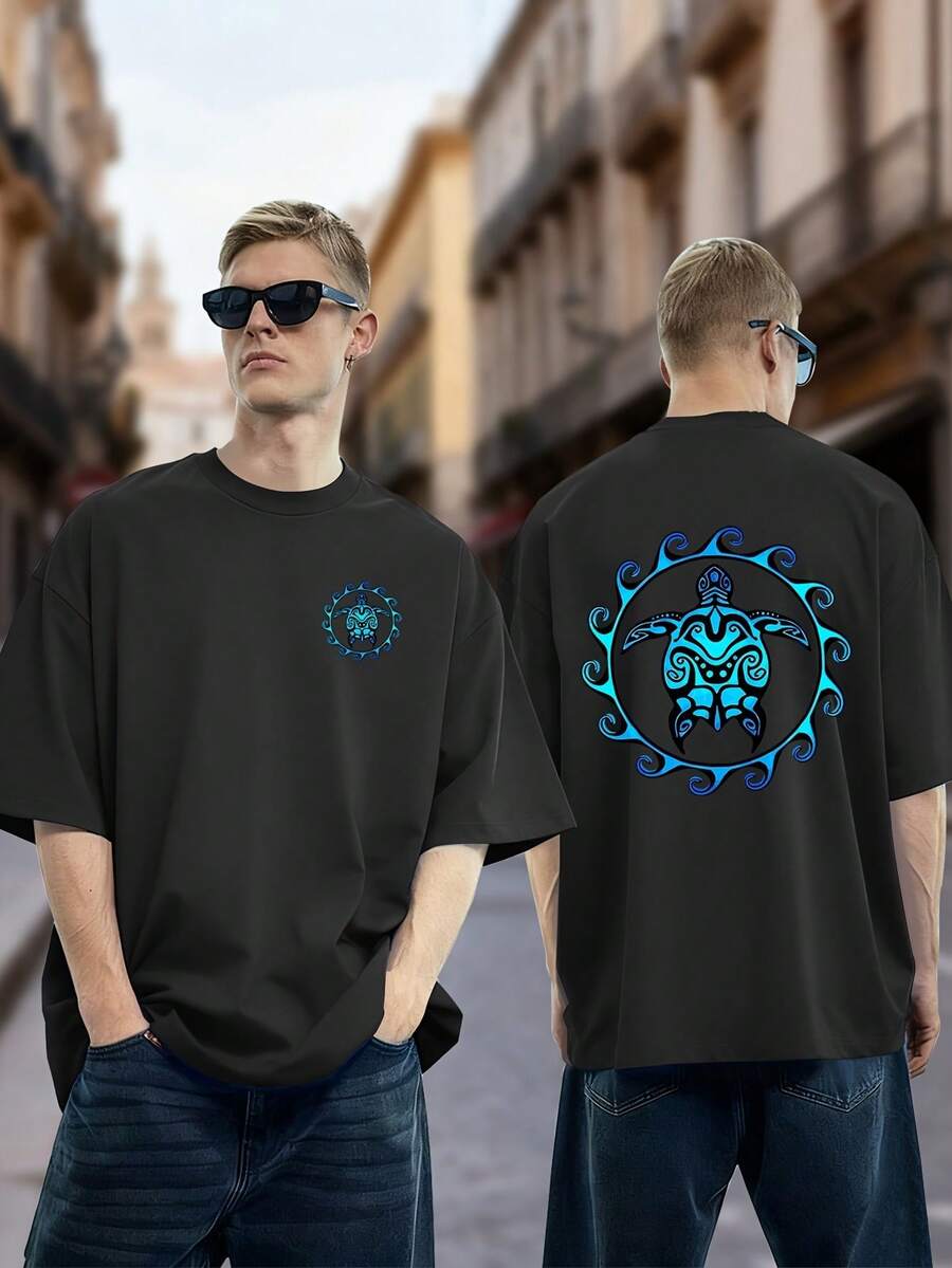 Men's Casual Short-Sleeved Shirt, Loose-Fitting, Breathable, And Quick-Drying, Soft To The Touch And Suitable For All Body Types - Turtle Print Design. A Versatile Garment - Hitam - View 1