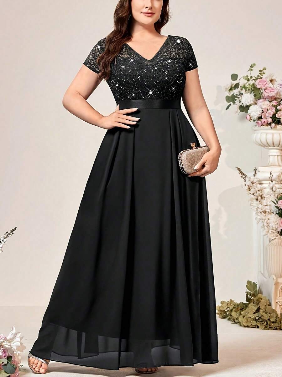 Talla Grande - Vestido de Encaje con Abertura en la Espalda y Ajuste en la Cintura para Mujer de Talla Grande - Negro - Ver 1