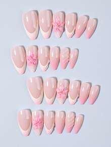 24pcs Long Almond Shape 3D Gel Nail Stickers With Flower Design And Pearls, French Press-On Nail Tips, Short Length Perfect Fit Fake Nails Set, Includes 1 Jelly Glue And 1 Nail File, Summer Nails, Aesthetic - Multicolor - View 3
