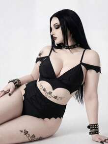 ROMWE Goth Conjunto de bikini estilo gótico de talla para mujer, primavera/verano - Negro - Ver 1