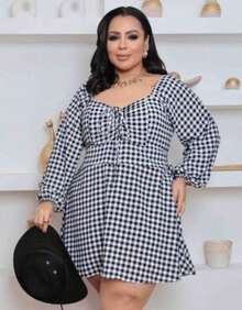 Women's Plus Size Loose-Fitting Checkered Jumpsuit Dress - Black and White - View 4