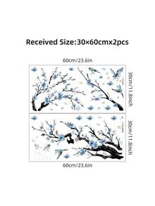 1 Pc Blue Plum Blossom And Bird Wall Decal, Watercolor Chinese Style Wall Sticker, Removable Self-Adhesive Vinyl Mural, Suitable For Living Room Bedroom Home Decor - Plum Blossoms and Birds - View 1