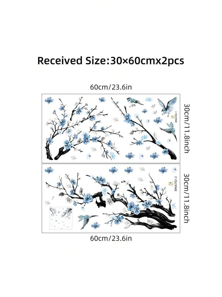 1 Pc Blue Plum Blossom And Bird Wall Decal, Watercolor Chinese Style Wall Sticker, Removable Self-Adhesive Vinyl Mural, Suitable For Living Room Bedroom Home Decor - Plum Blossoms and Birds - View 1