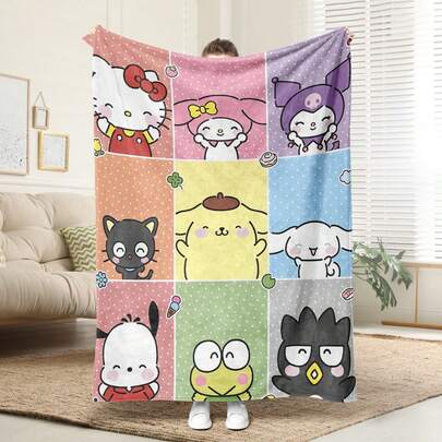  1 chiếc chăn nỉ Sanrio họa tiết All-Star thoải mái, thiết kế dệt kim polyester mềm mại, đa năng, có thể giặt máy, chăn bông mềm mại cho phòng ngủ và giải trí, quà tặng lý tưởng cho gia đình, du lịch, ngoài trời, phù hợp cho mọi mùa, hoàn hảo cho sofa, giường, văn phòng, du lịch, xem phim, ngủ trưa, phòng ngủ, văn phòng, ô tô chăn Sanrio