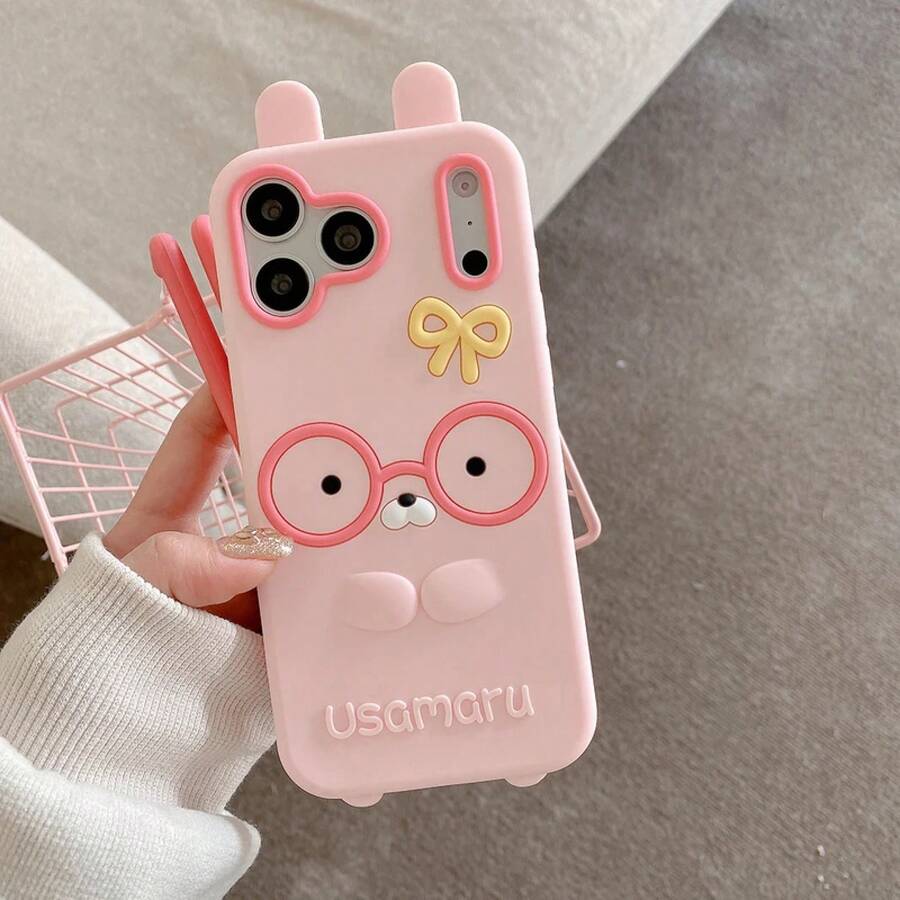 Kawaii 3D Pink Glasses Rabbit Soft Silicone Phone Case For 17 16 Plus 15 14 13 12 Pro Max Japanese Anime Shockproof Cover Shock-Proof Skin-Friendly Material - White - View 1