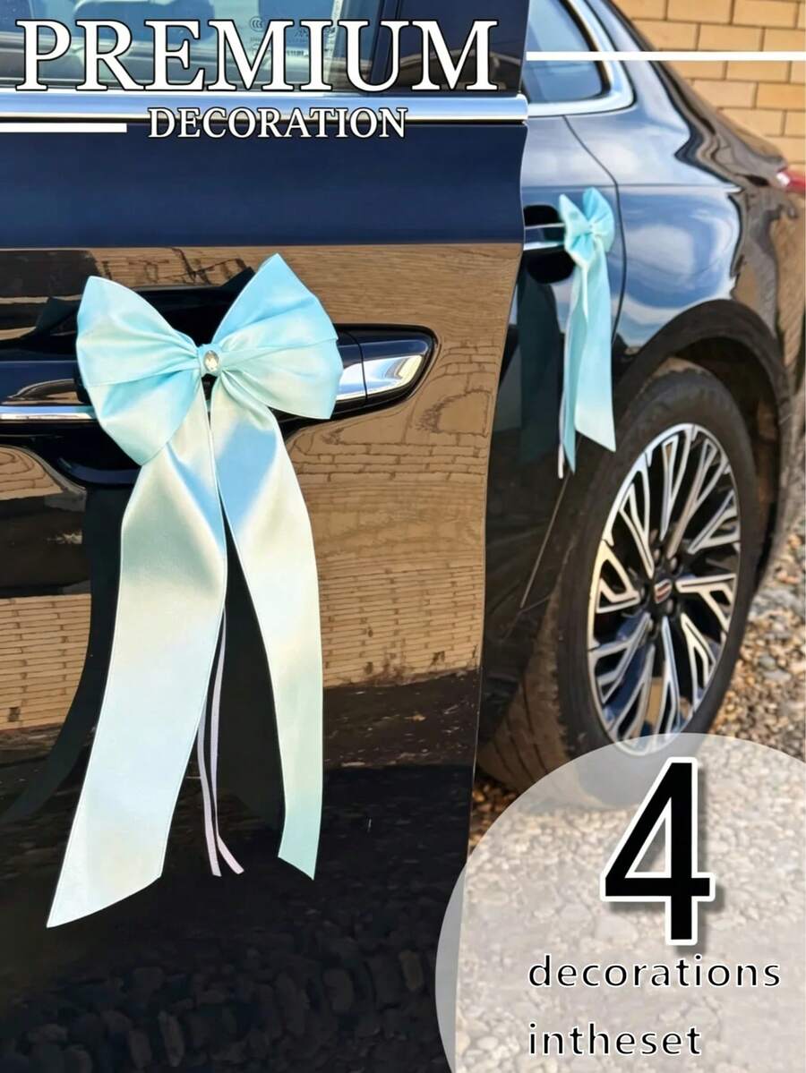 4pcs Wedding Car Decoration Bows, Rhinestone Satin Bows, Wedding Car Decoration Set - View 1