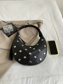 Rivet Crescent Underarm Bag, Adjustable Shoulder Strap Design, Shoulder & Crossbody Dual Use, Versatile Small Bag For Daily Commute And Dating - Black - View 4