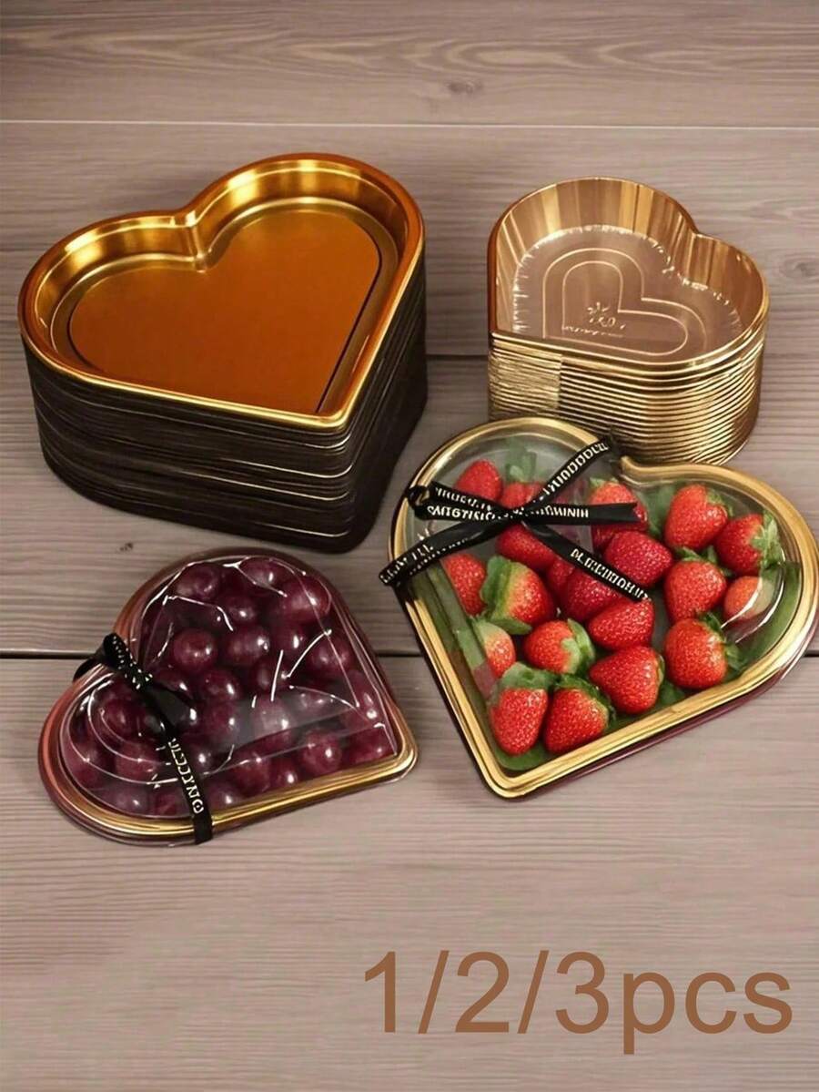 1/2/3 piezas Bandejas de plástico con forma de corazón con tapas - Contenedores de aperitivos de gran capacidad multiusos, adecuados para frutas, sushi, verduras, ensalada y tabla de quesos - Diseño transparente, borde dorado - Perfecto para fiestas, días festivos y regalos