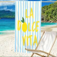 1pc Blue Striped Lemon Print Oversized Microfiber Beach Towel, Unisex, Pool Camping Travel Accessory - Multicolor - View 2