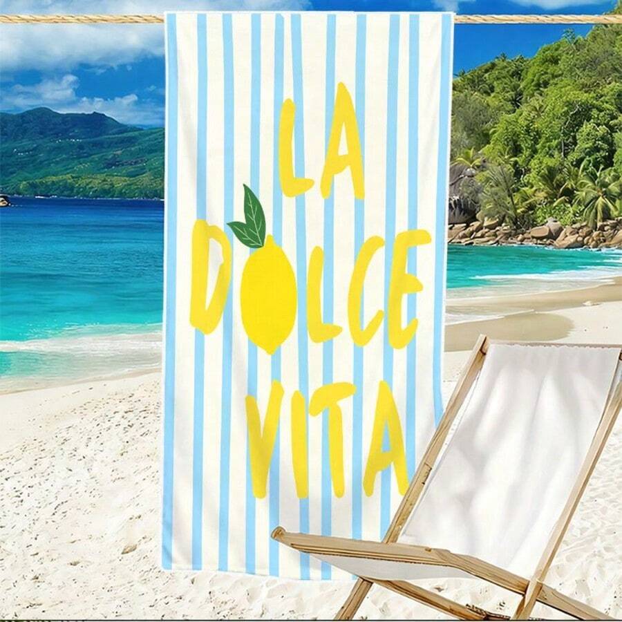 1pc Blue Striped Lemon Print Oversized Microfiber Beach Towel, Unisex, Pool Camping Travel Accessory