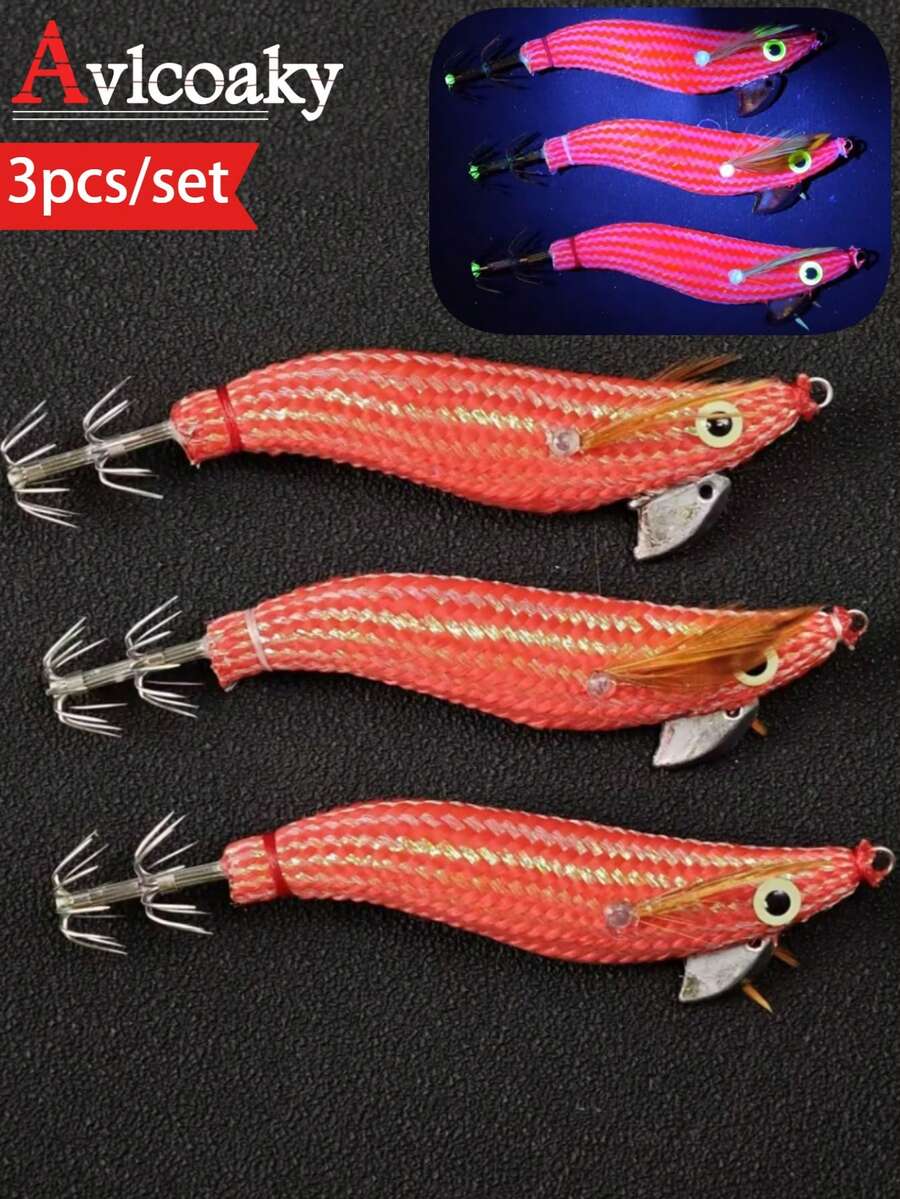 Avlcoaky 3pcs Shrimp Fishing Lures Luminous Squid Jig Hook Shrimp Prawn Lure - Multicolor - View 1