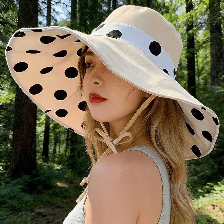 Spring And Summer Women's Double-Sided Reversible Oversized Brim Fisherman Hat, Suitable For Outdoor Beach, Swimming, Camping, And Traveling, - 米色 - 查看 1