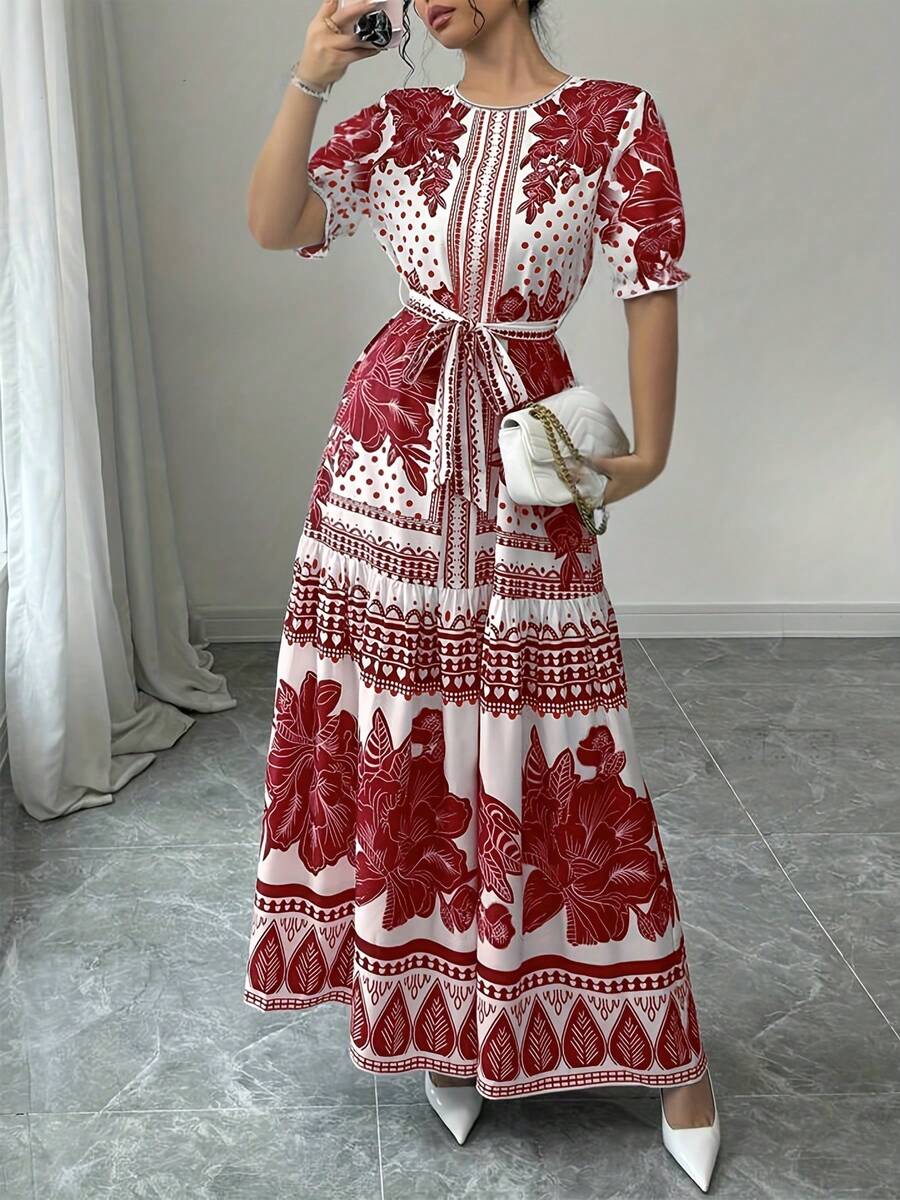 New 2026 Model: Floral A-Line Dress With Short Sleeves And Boat Neck, Elegant For Summer - Pearl White - 查看 1