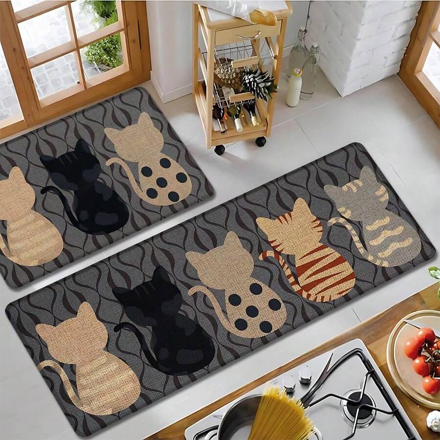 1 pieza, Decoración del hogar, Estampado de patrón de gato, Alfombra de cocina de lino, Tapete de cocina, Tapete de piso, Tapete de baño, Tapete de puerta, Impresión 3D rectangular, Adecuado para sala de estar, dormitorio, pasillo, baño, lavandería - Alfombra de poliéster, Adecuado para decoración del hogar interior y exterior - Multicolor - Ver 1