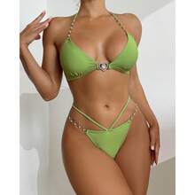 Nuovo costume da bagno bikini sexy stile triangolo con catena colore unito per donna - nero - Visualizzare 10